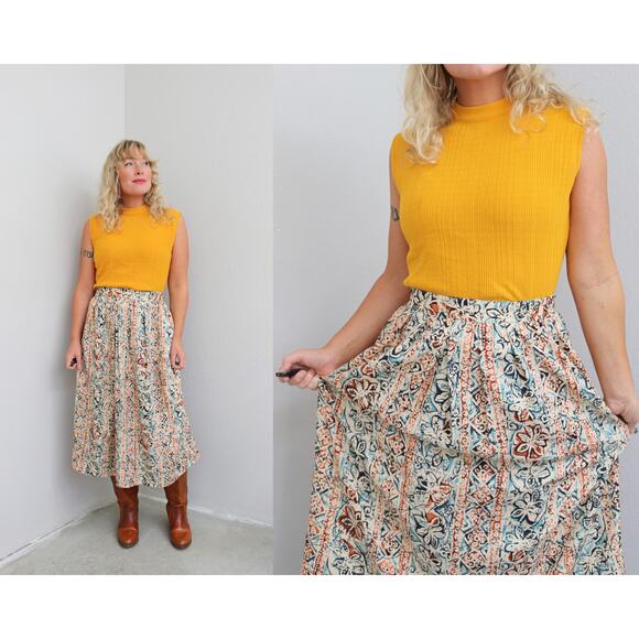 1980's Vintage Norton McNaughton Clay & Teal Skirt ~ Women's XS to SM ~Midi Day - Picture 1 of 10
